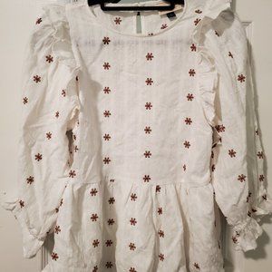 Flowy Brown Floral White Peplum Top Size XS